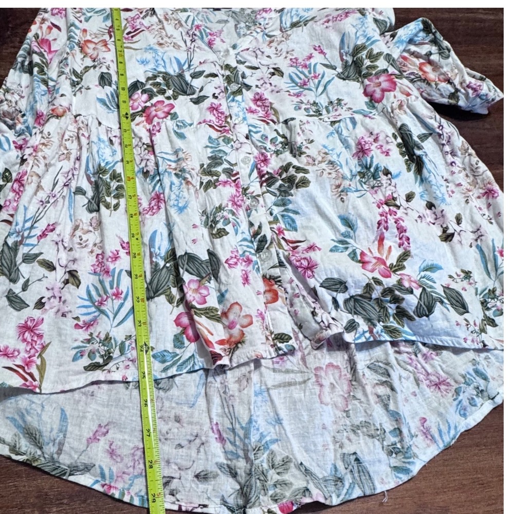 Saint Tropez West Floral Linen Blend Babydoll Top 1X Pink White Roll Tab Sleeve‎ - Picture 7 of 14
